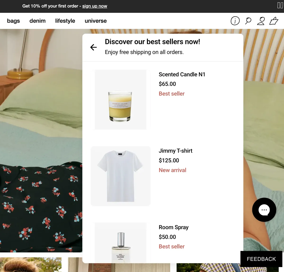Opened bestseller feed with add to cart
