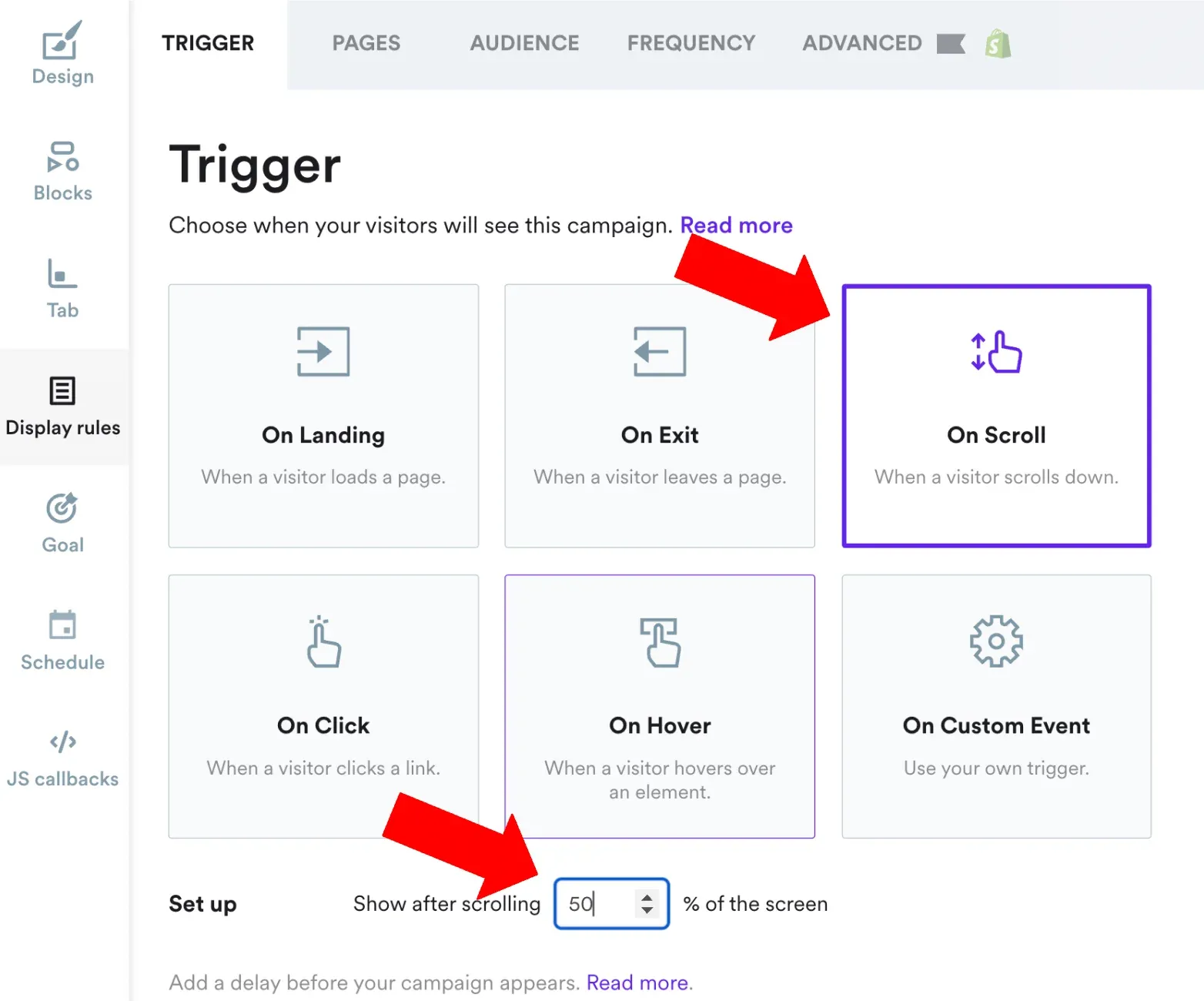 on scroll campaign settings