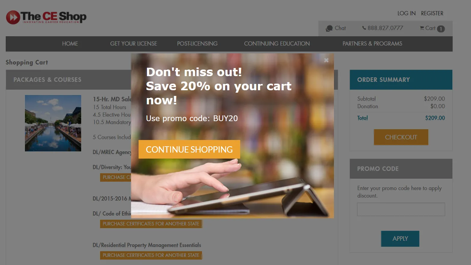 A cart abandonment pop-up on theceshop.com