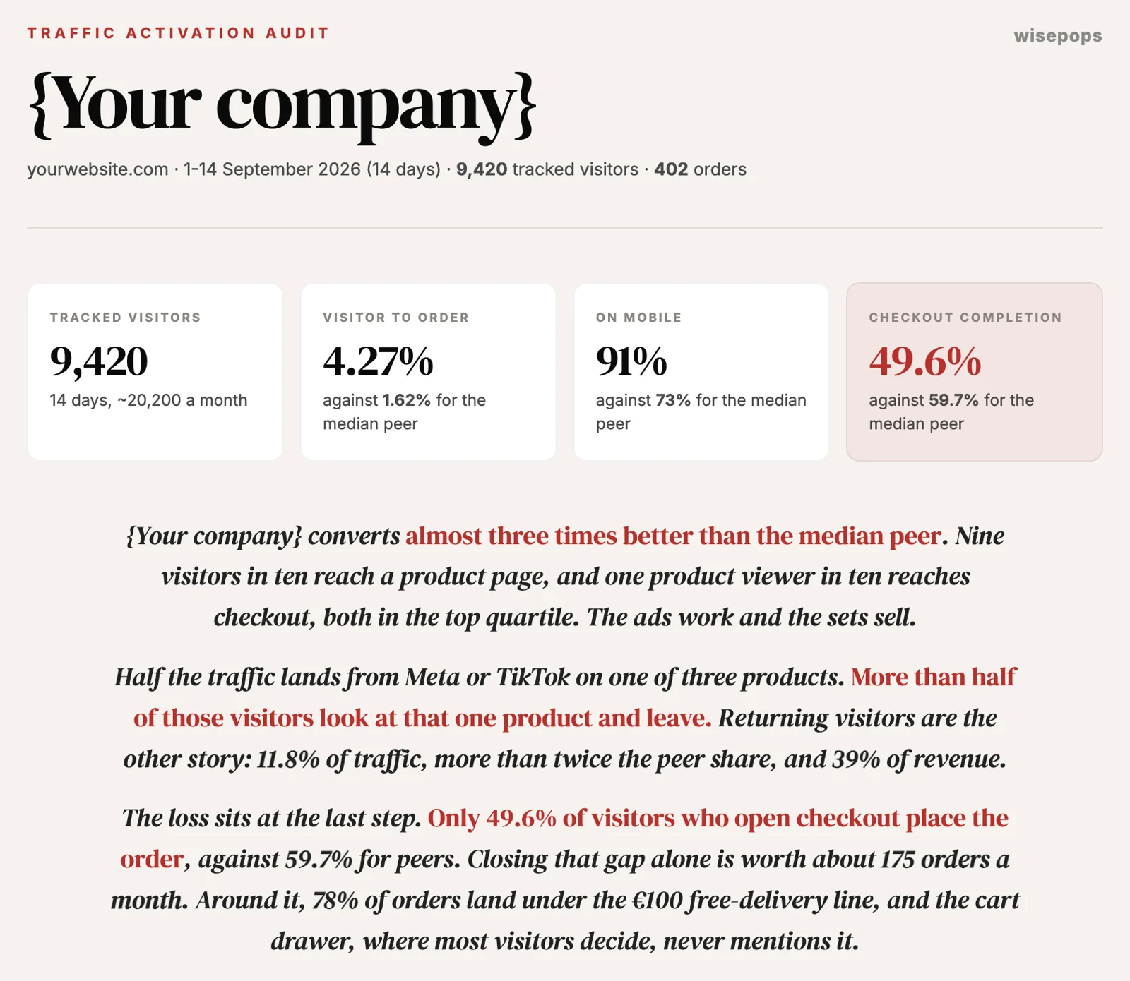 Example audit summary: headline numbers against similar stores and an overview of the traffic
