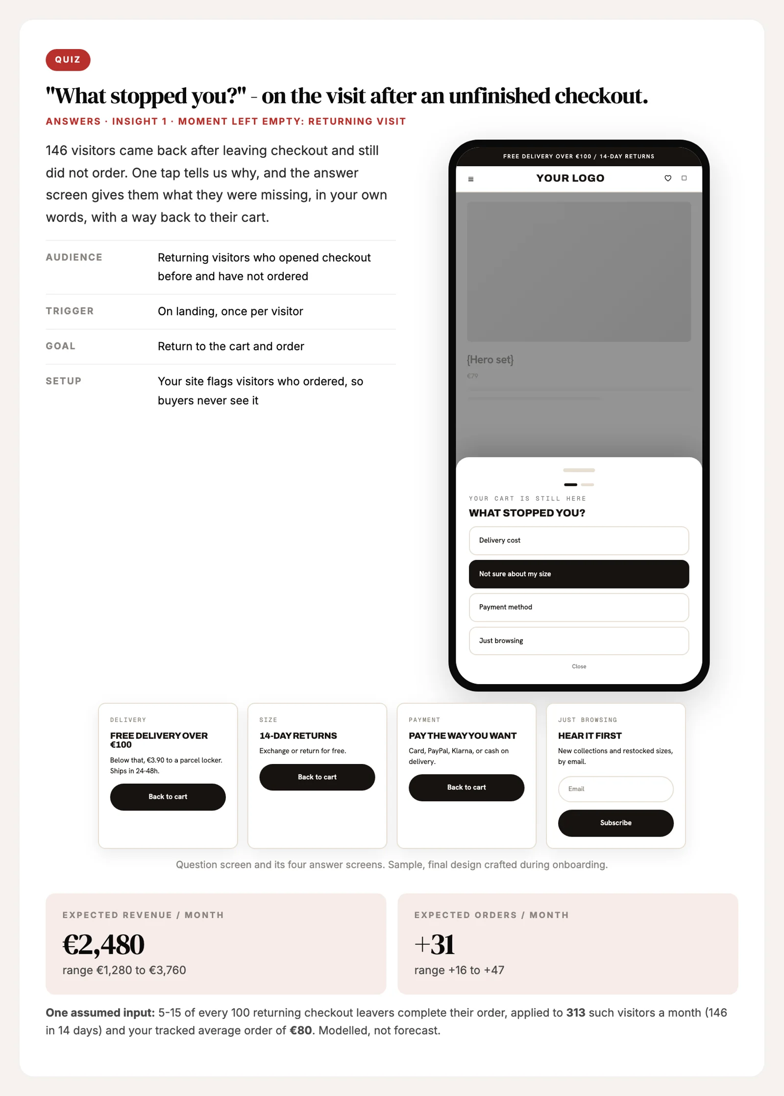 Example recommended quiz campaign with its mockup, audience, trigger, and expected revenue