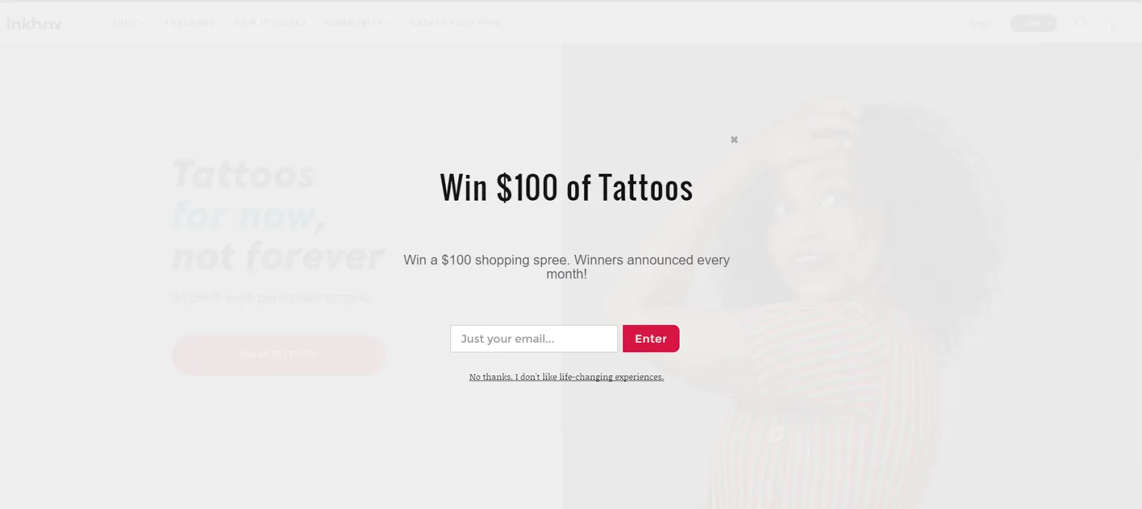 A popup on inkbox.com featuring a dismiss link instead of the tradition closing X