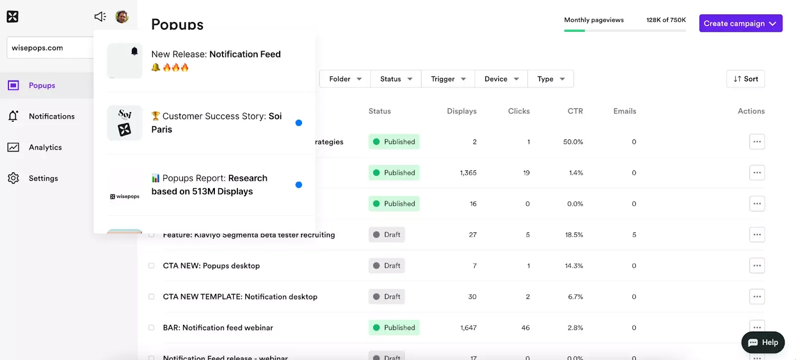notification feed in wisepops