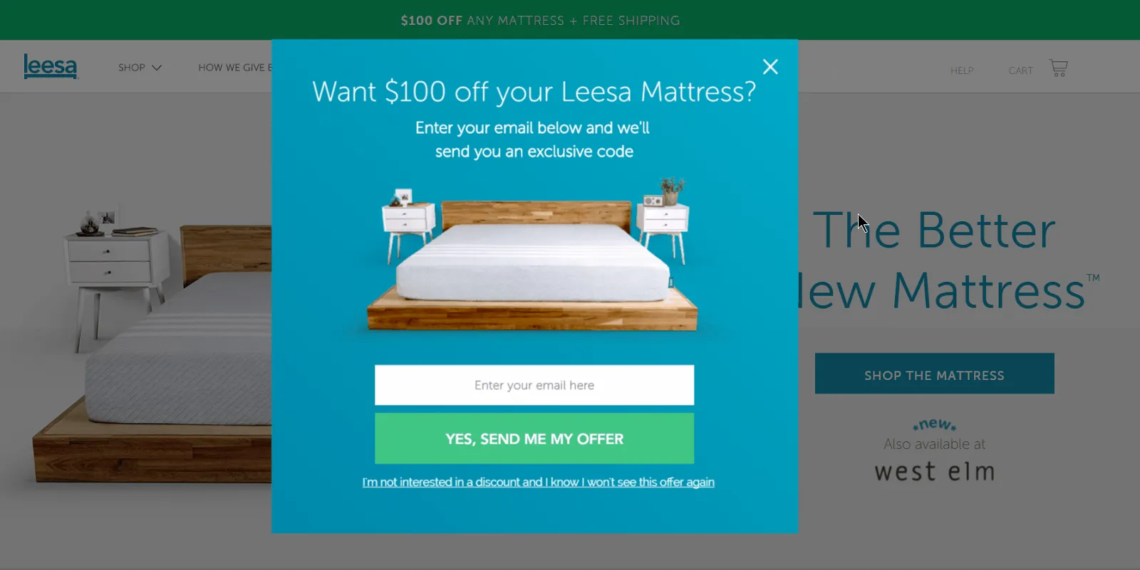 An exit email pop-up on Leesa, a Shopify plus store