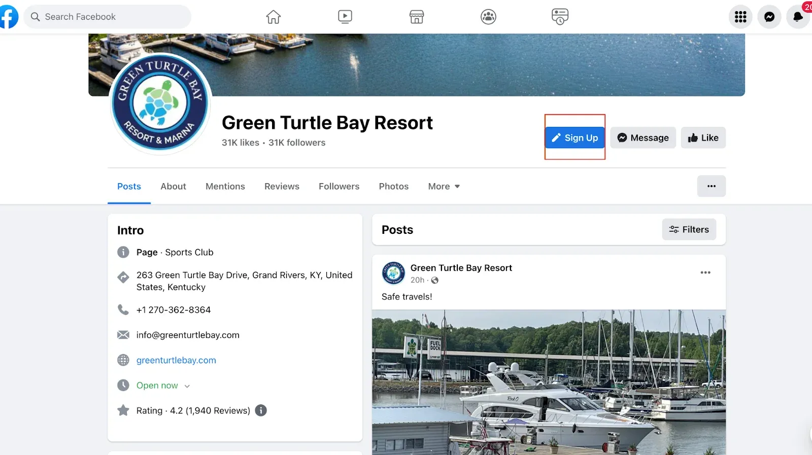 signup button on facebook business page example