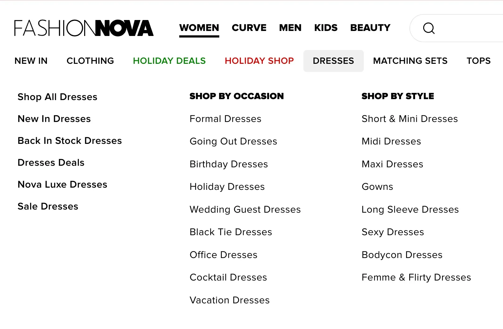 Website menu on Fashion Nova