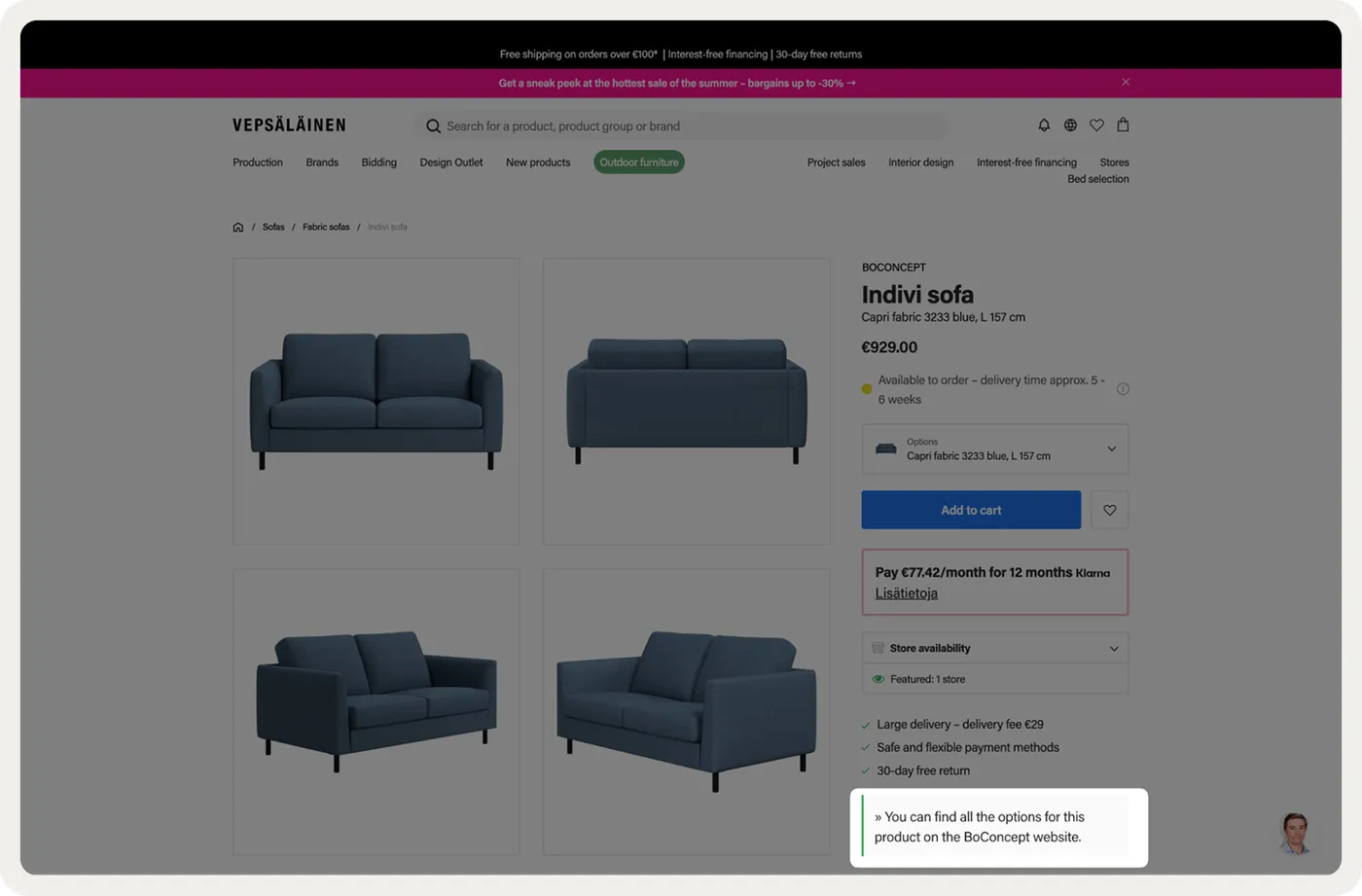 Vepsäläinen embedded message on a furniture product page