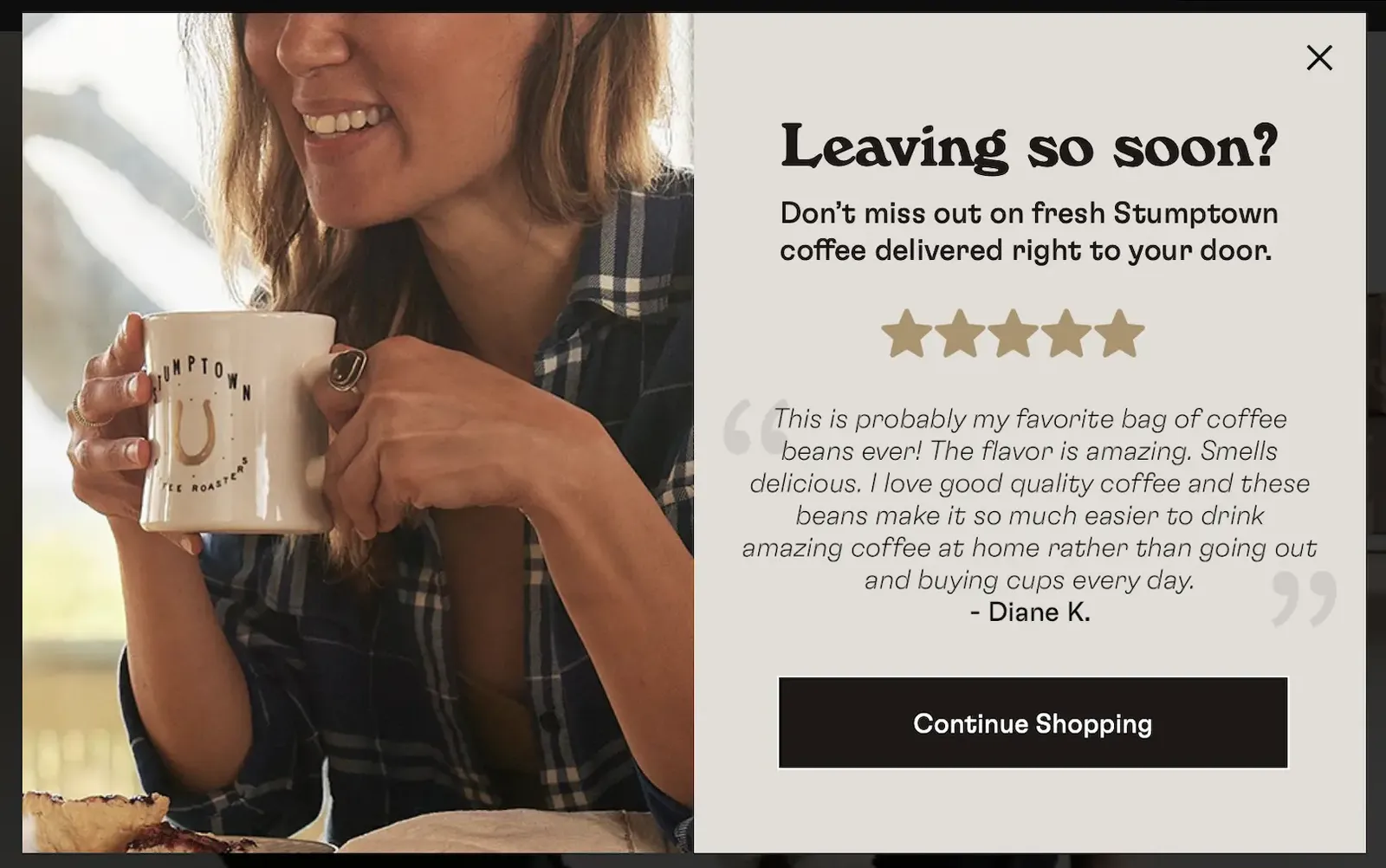 Exit campaign showing a customer rating and review quote instead of a discount