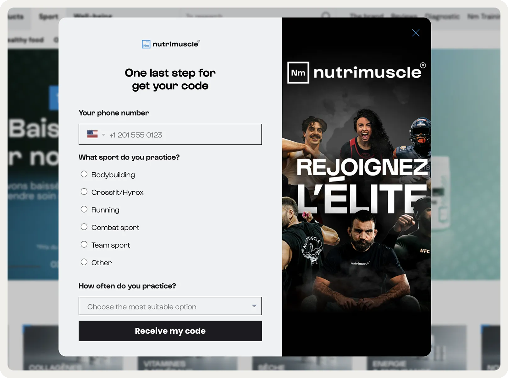 Nutrimuscle welcome popup step 2: phone and sport profile