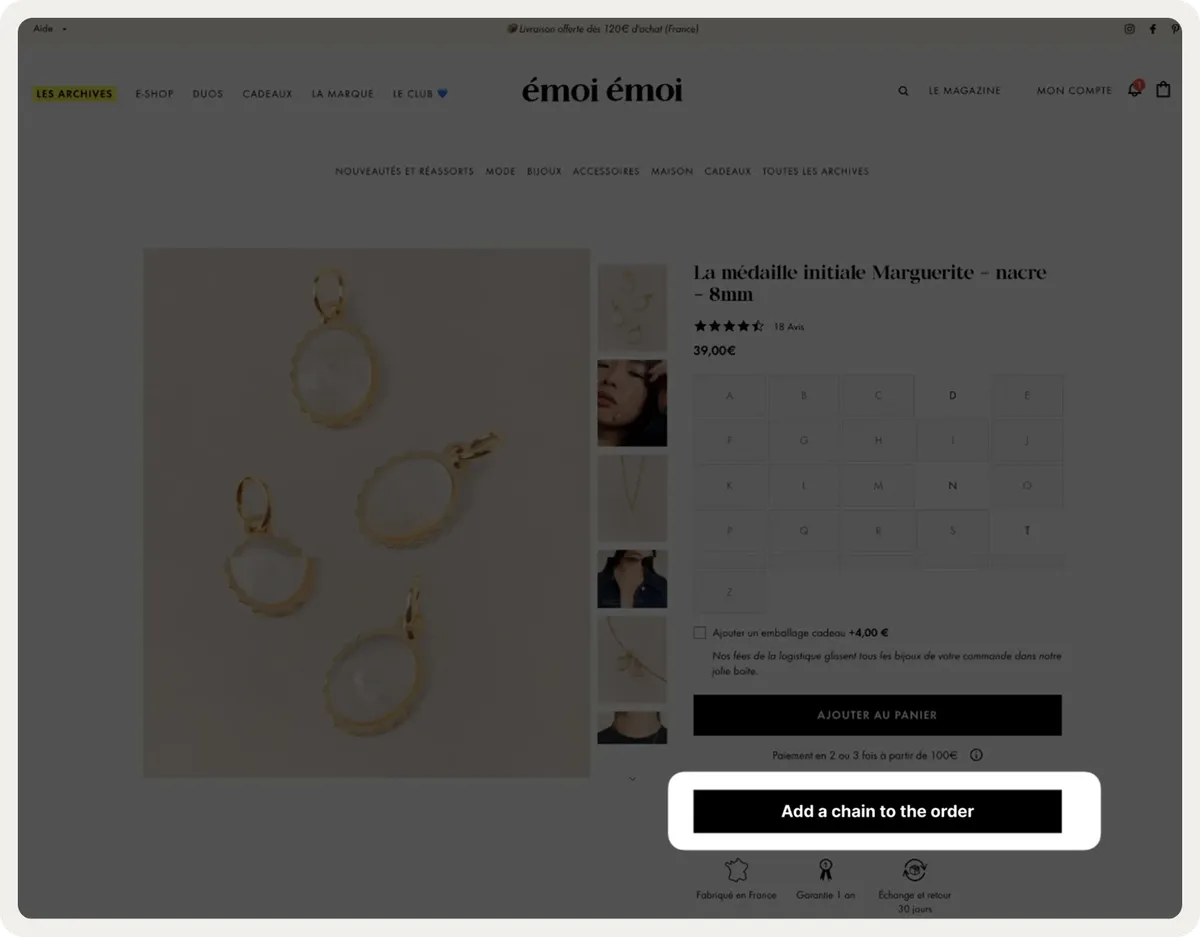 émoi émoi free-chain cross-sell offer on a product page