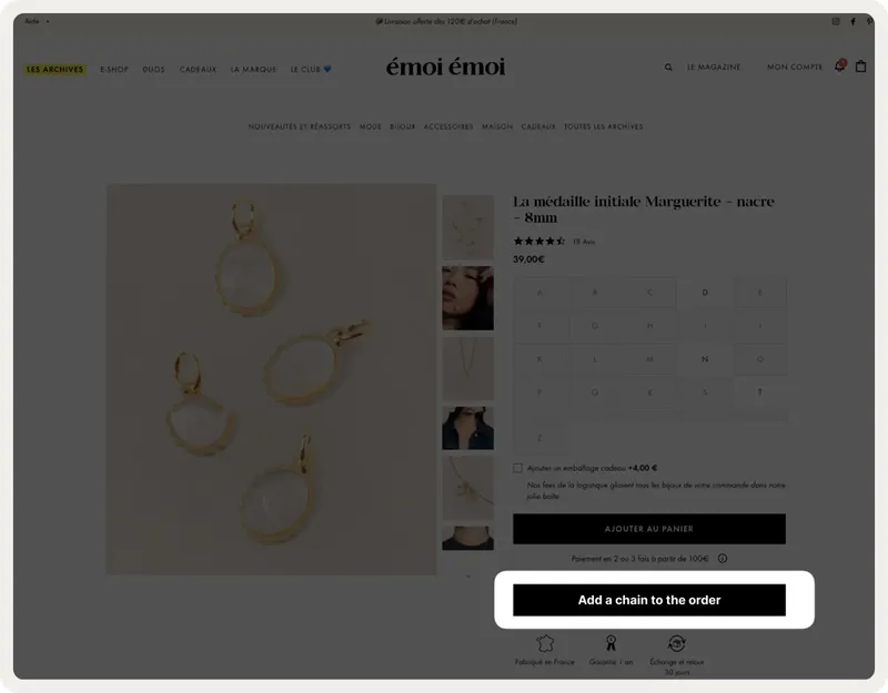 émoi émoi free-chain cross-sell offer on a product page