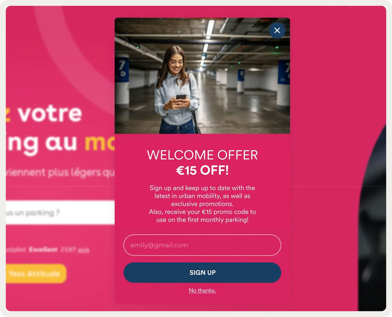 Yespark welcome popup for new visitors