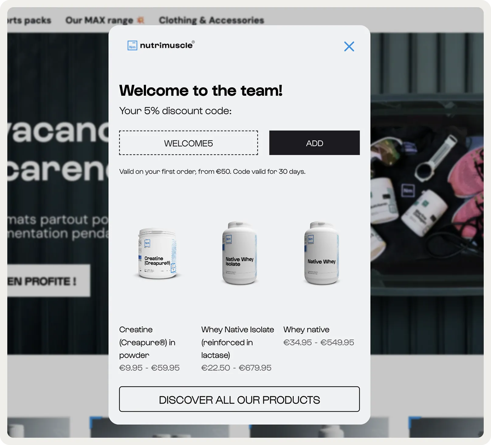 Nutrimuscle welcome popup step 3: discount code and personalized product recommendations