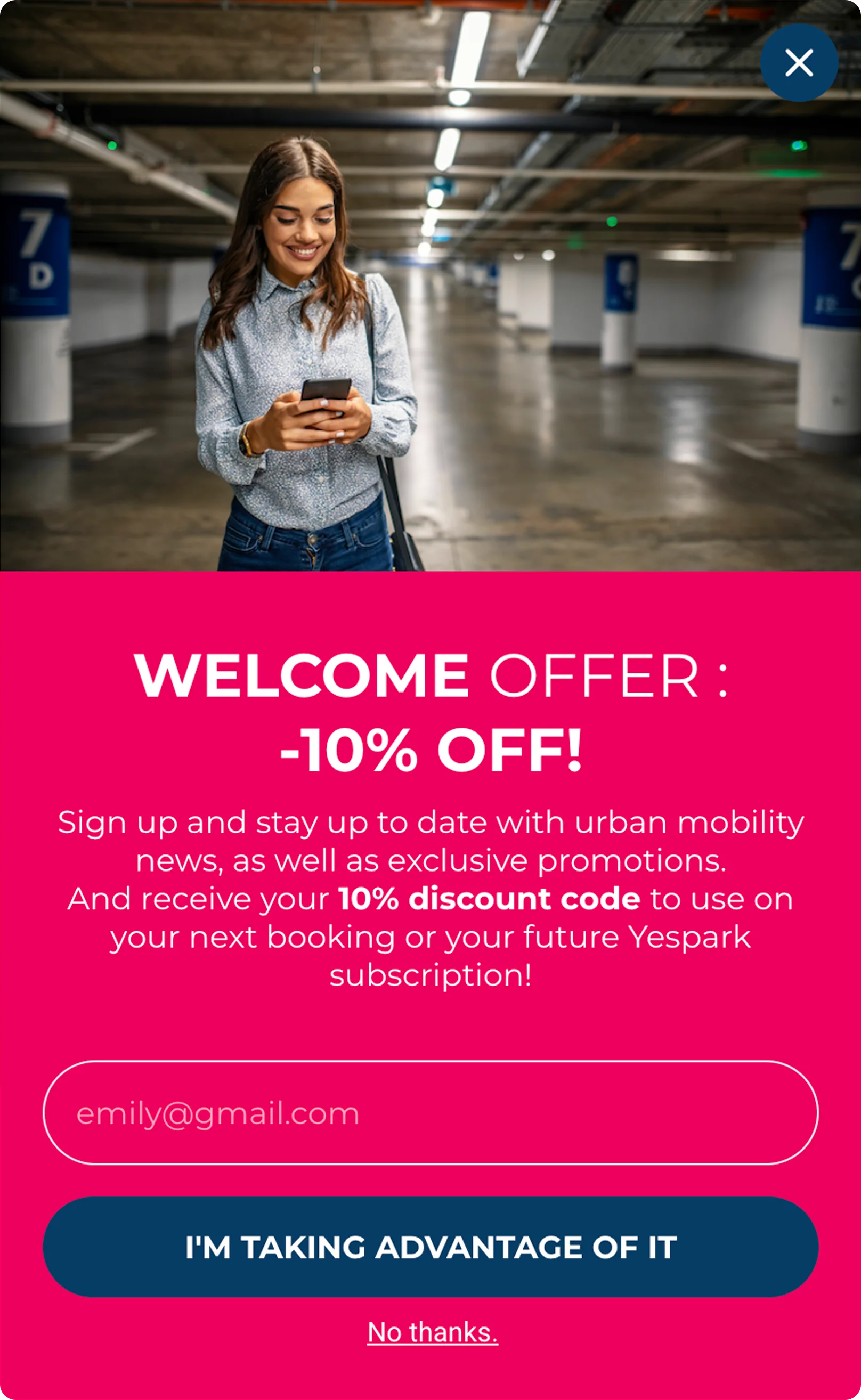 Yespark welcome offer popup