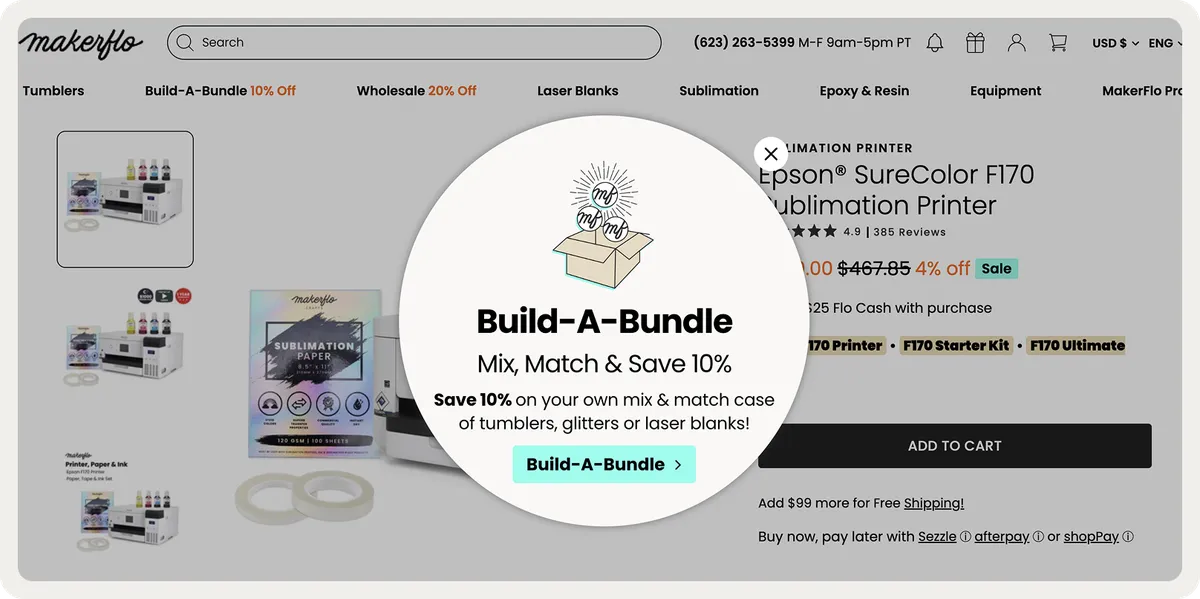 MakerFlo bundle-builder popup shown only on the bundle page