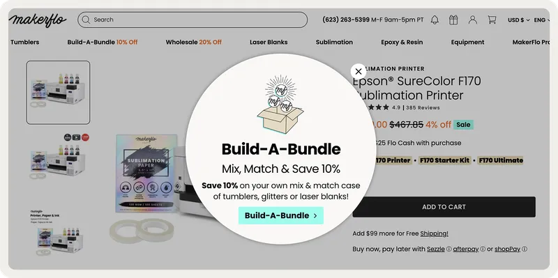 MakerFlo bundle-builder popup shown only on the bundle page