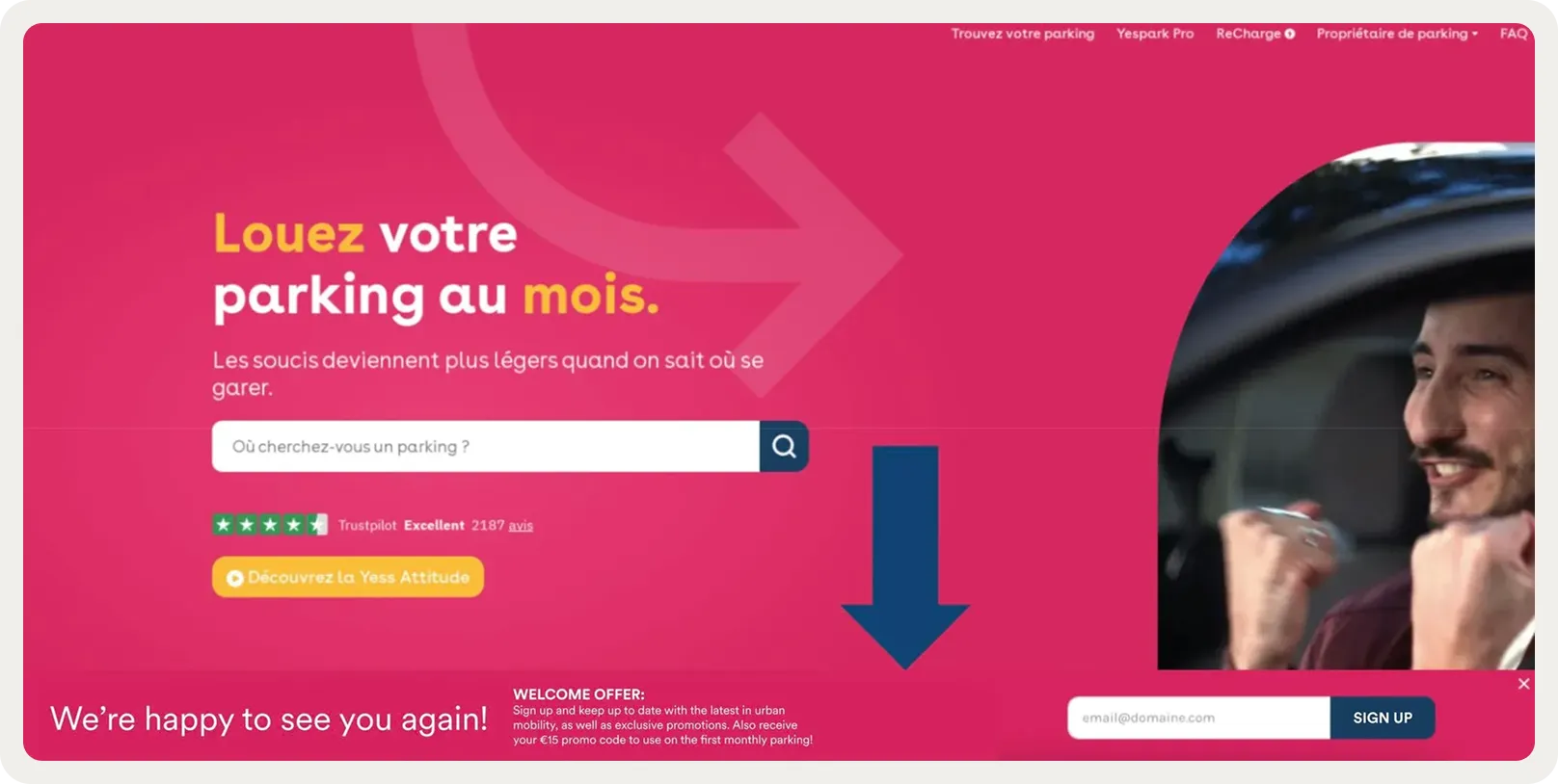 Yespark sticky bar for returning visitors