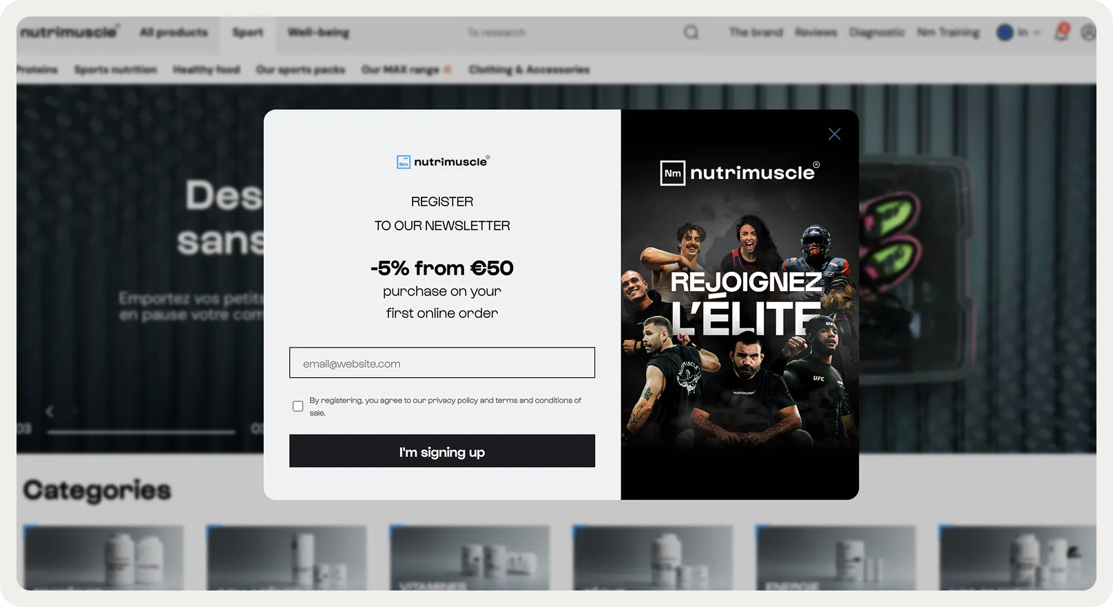 Nutrimuscle welcome popup step 1: email collection