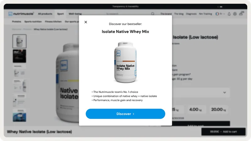 Nutrimuscle bestseller popup shown to category browsers