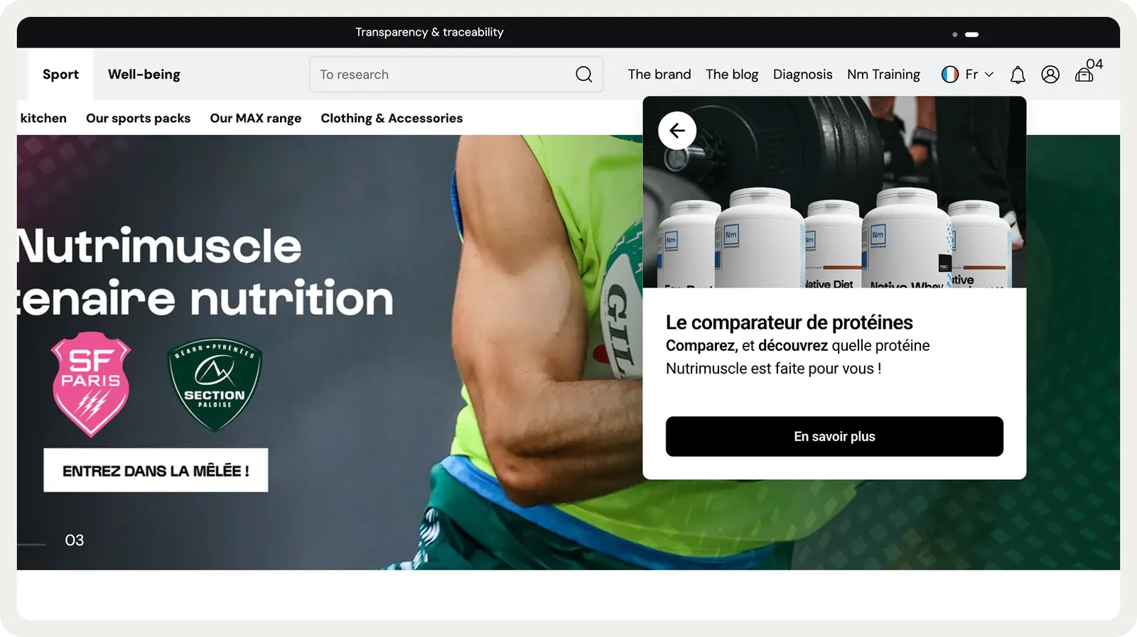 Nutrimuscle protein comparison tool shown to visitors browsing the protein category
