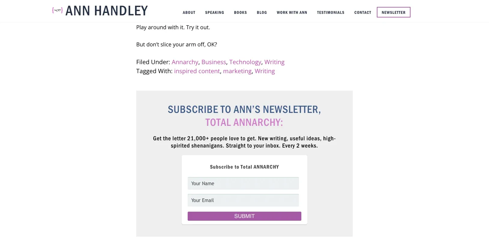 an embedded signup form on a blog