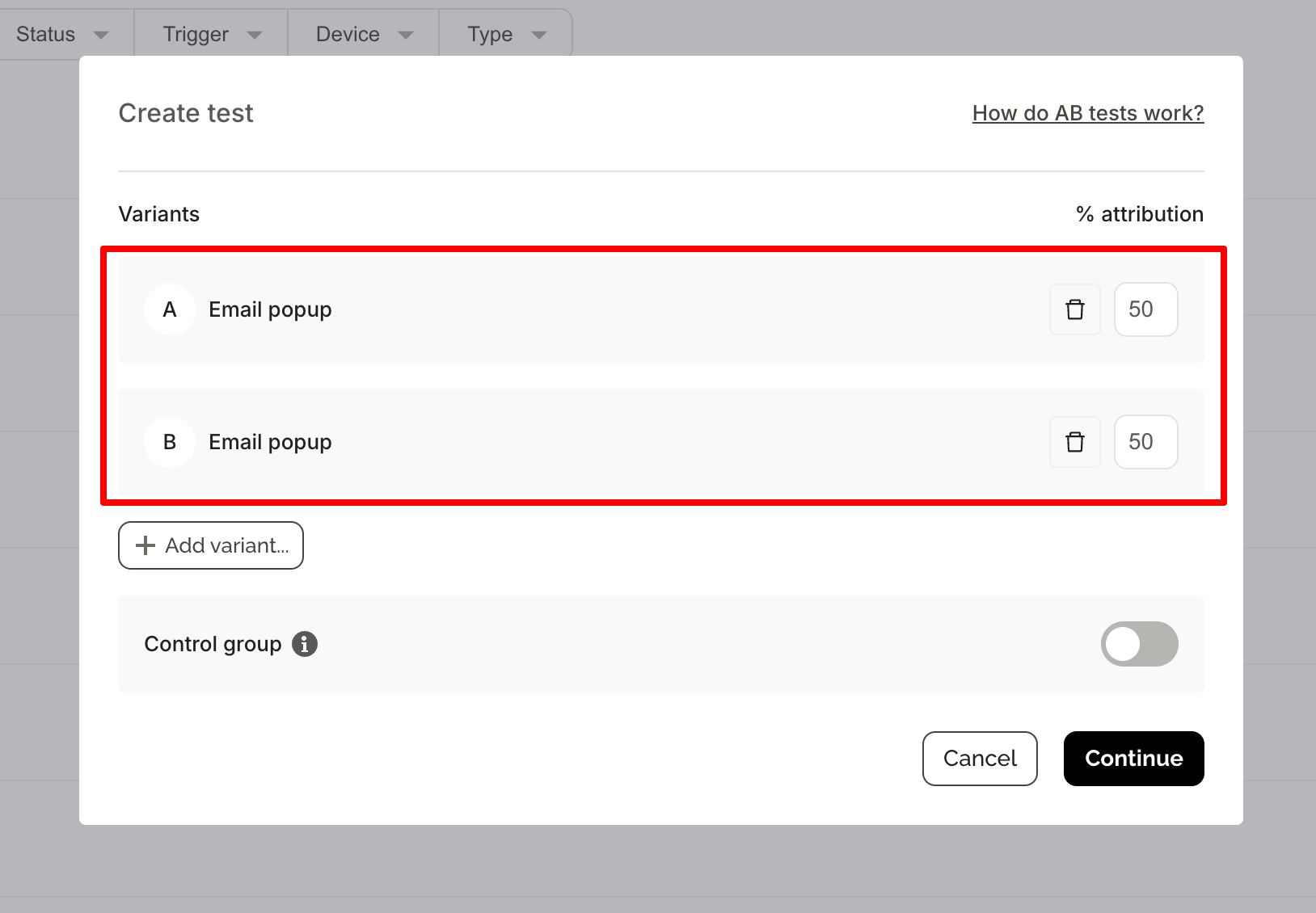AB test creation interface showing two variants labeled "Email popup," each with 50% attribution, and options to add a variant or enable a control group.
