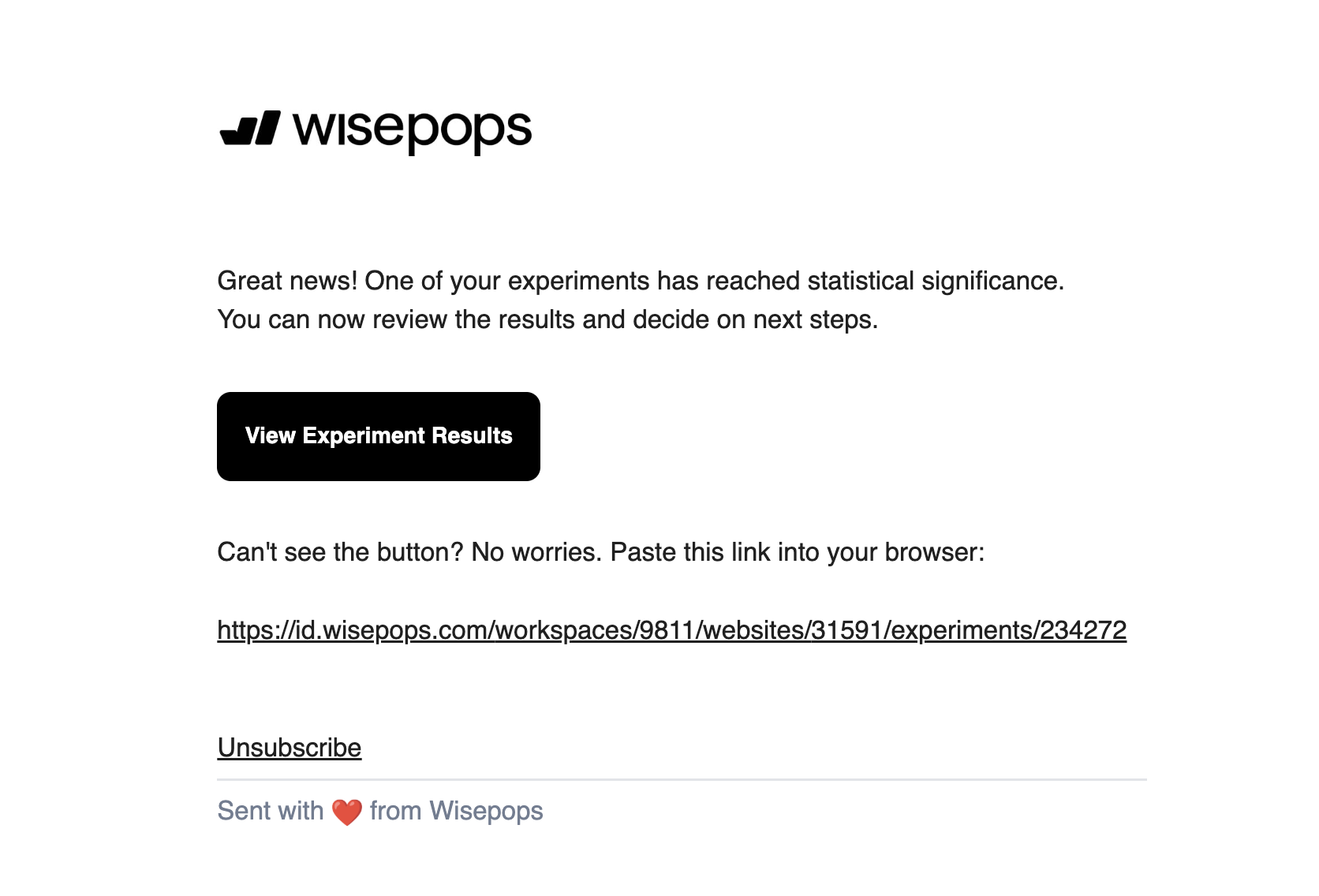 Wisepops automated email notification: 'One of your experiments has reached statistical significance. You can now review the results and decide on next steps.' with a View Experiment Results button