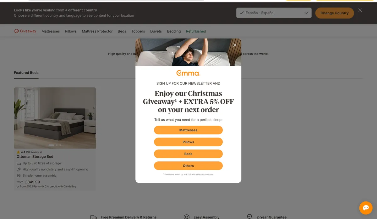 Emma Sleep lead generation popup