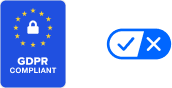 Blue GDPR compliant badge with padlock and EU stars, beside a blue check/X toggle switch.