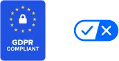 Blue GDPR compliant badge with padlock and EU stars, beside a blue check/X toggle switch.