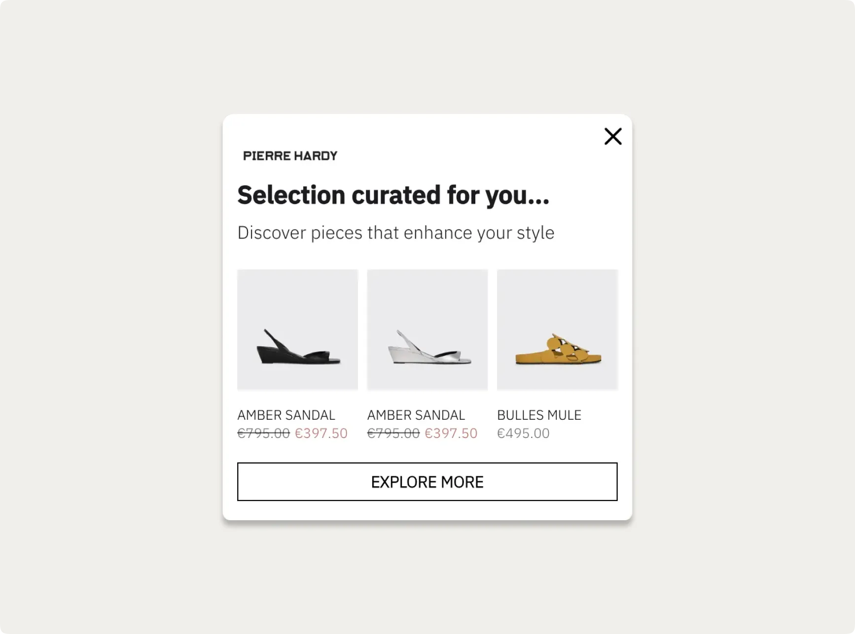 Pierre Hardy exit popup showing product recommendations