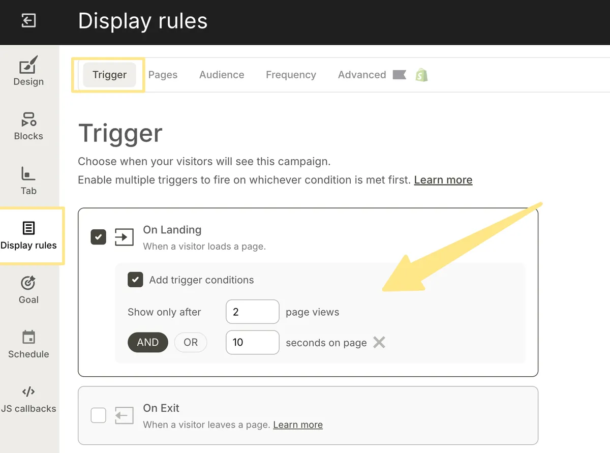 Display rules with a delay and a pageview count condition