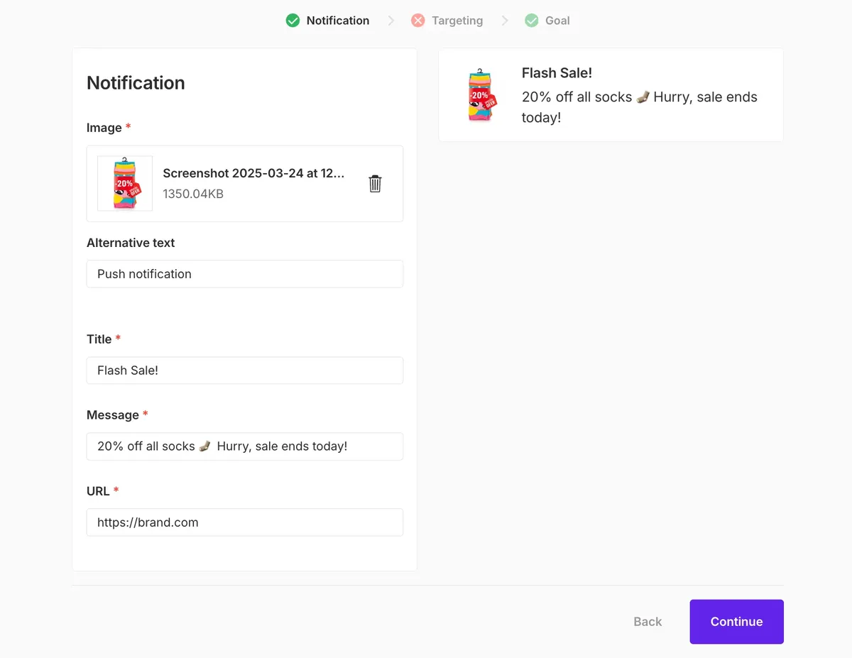 the web push campaign editor in Wisepops