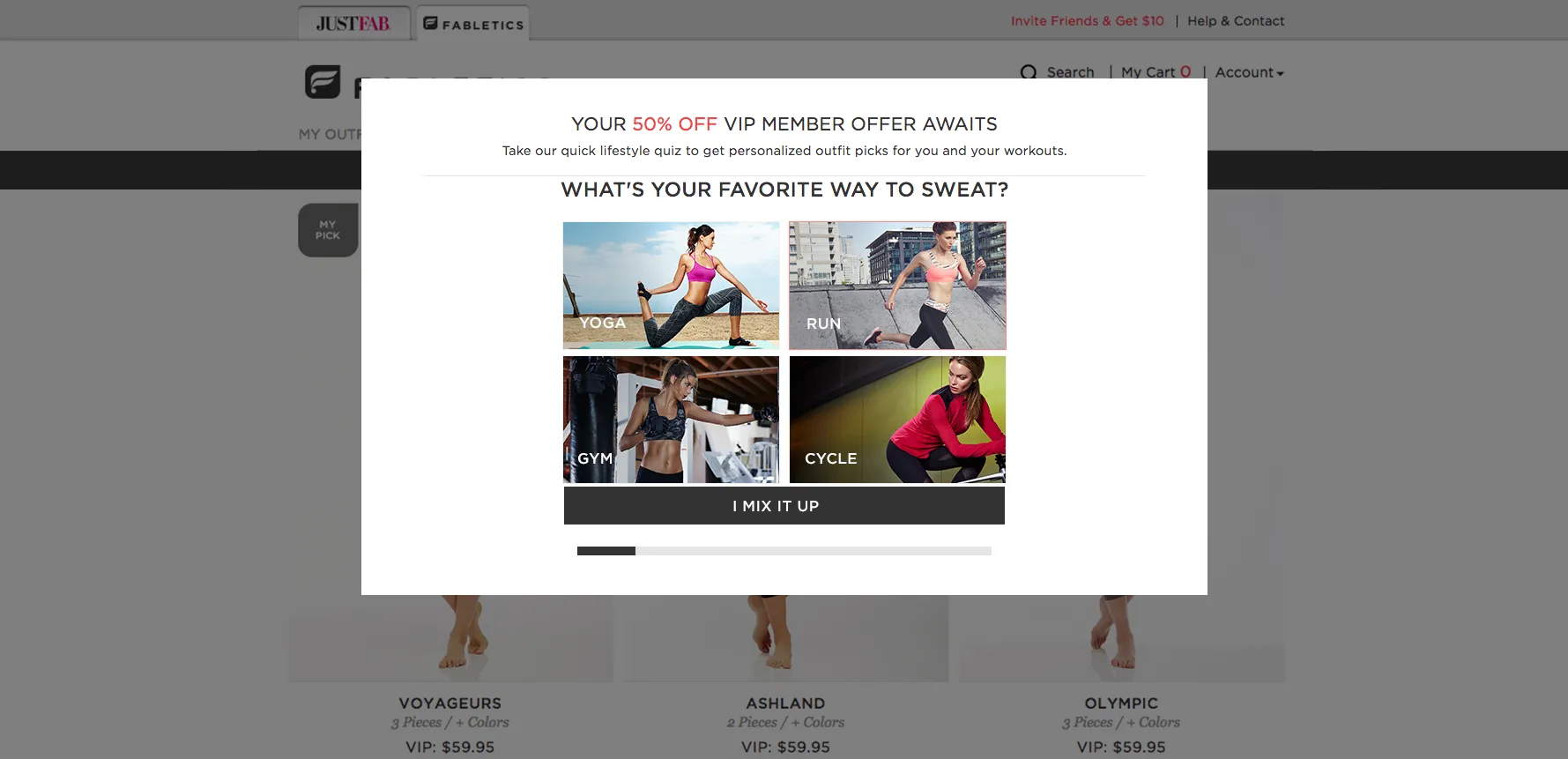 A survey pop-up on Fabletics.com