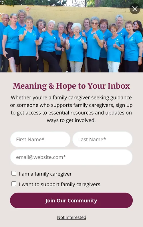 meaningandhope.org popup — segmented email signup with family caregiver and supporter checkboxes