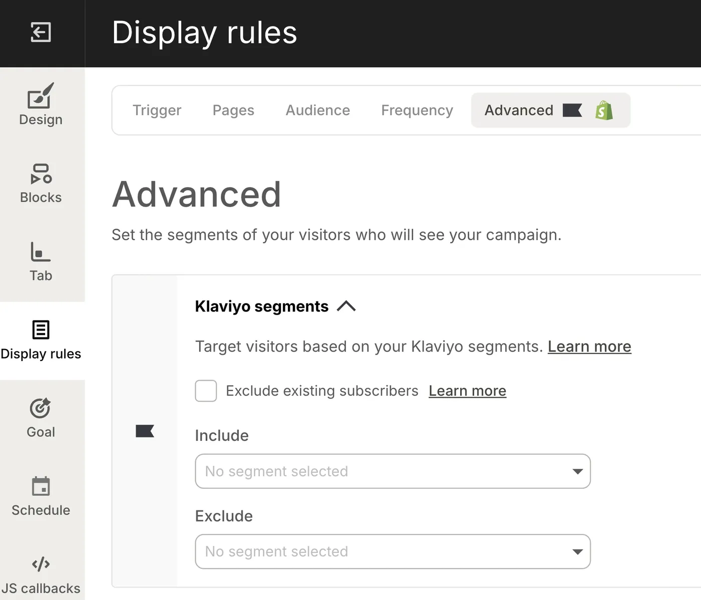 Klaviyo segment targeting conditions in a Wisepops campaign