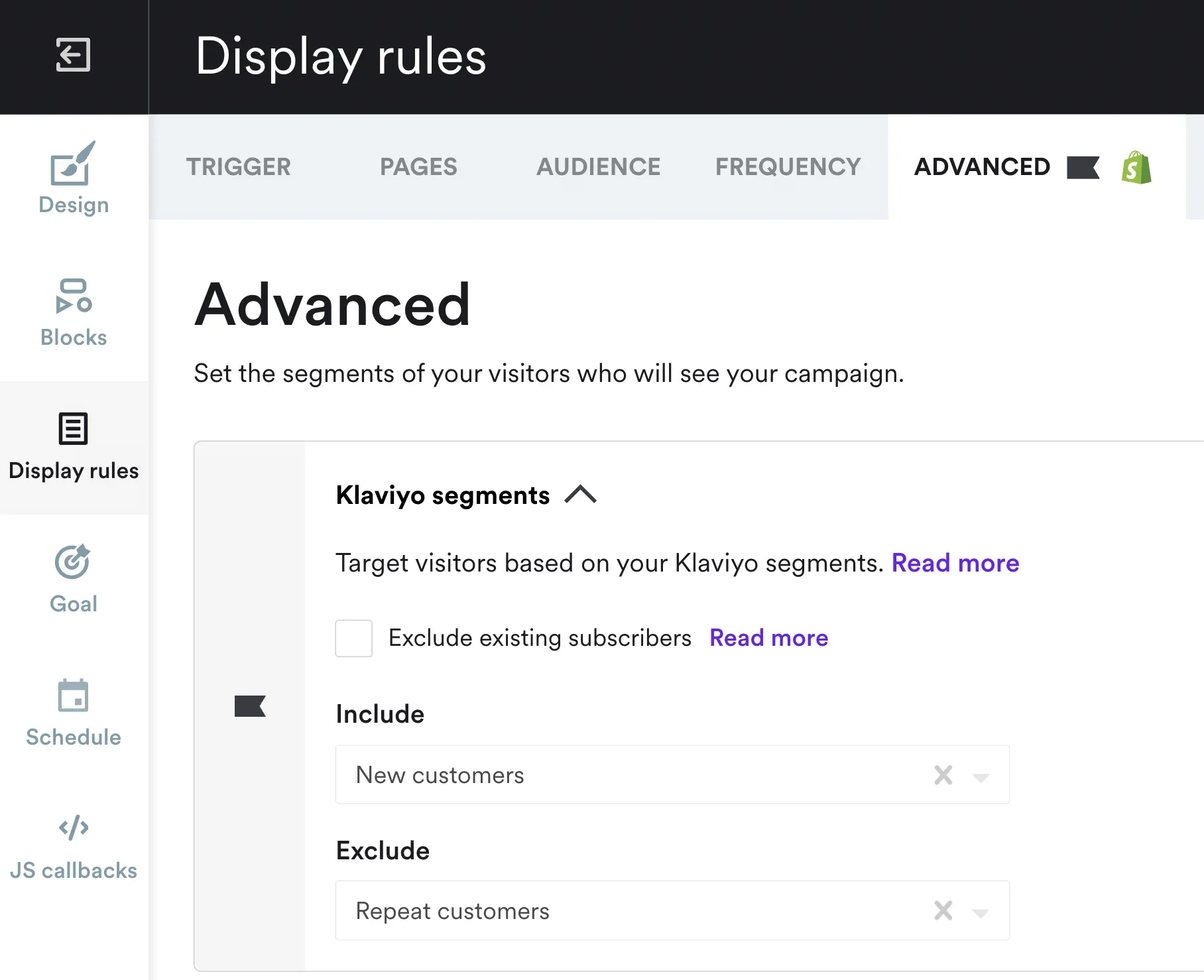 klaviyo segment targeting wisepops
