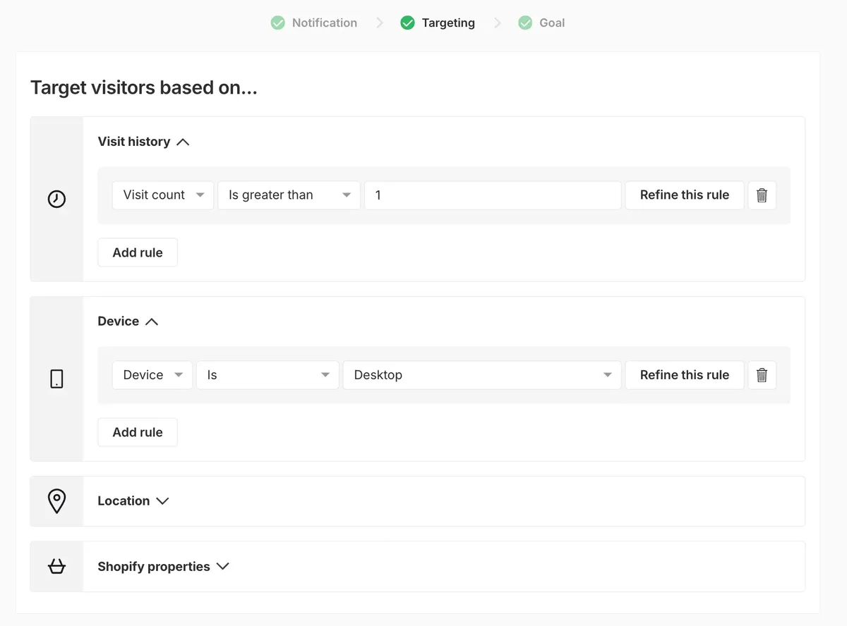 web push targeting settings in Wisepops