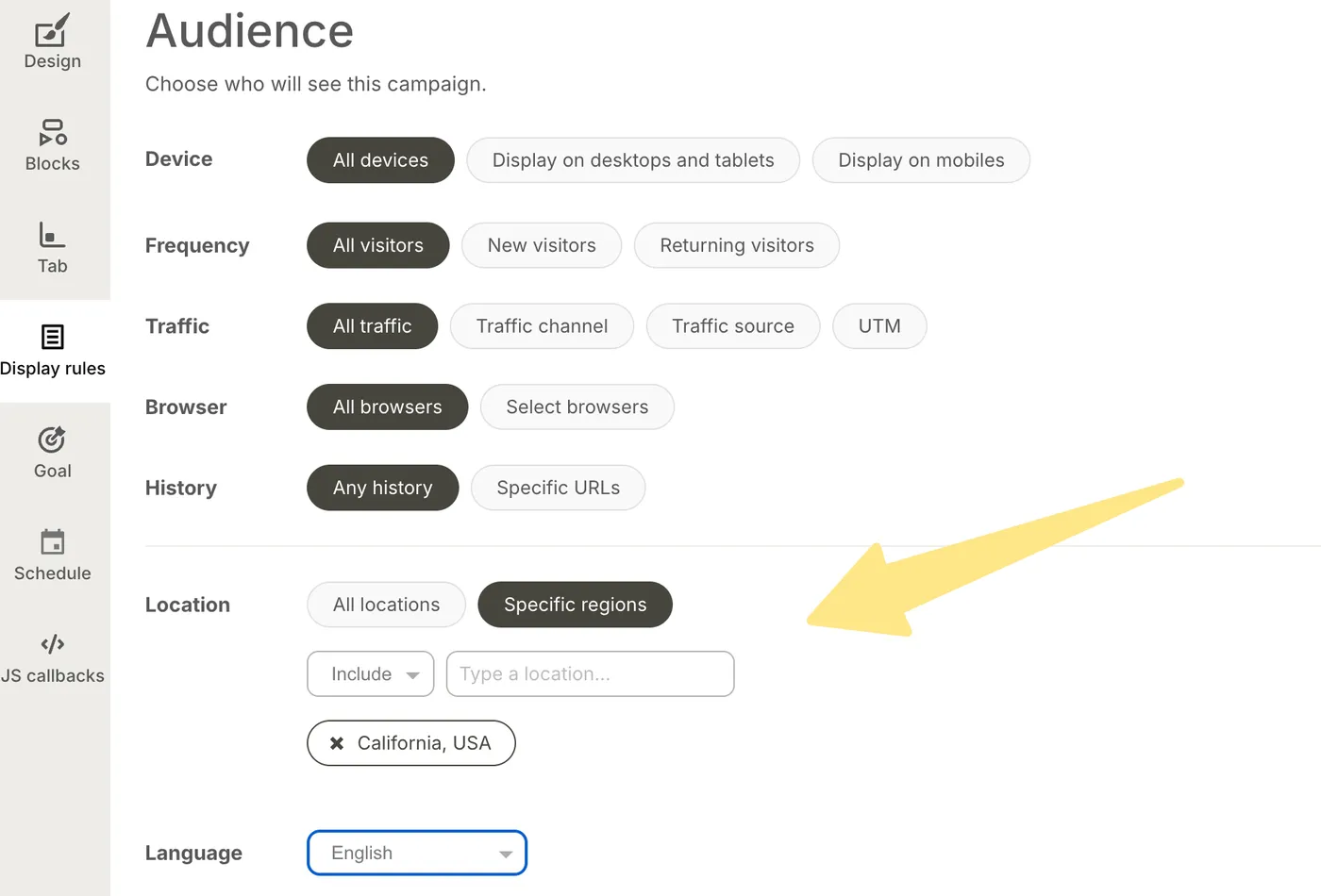 Location targeting on country, region or city in the campaign editor