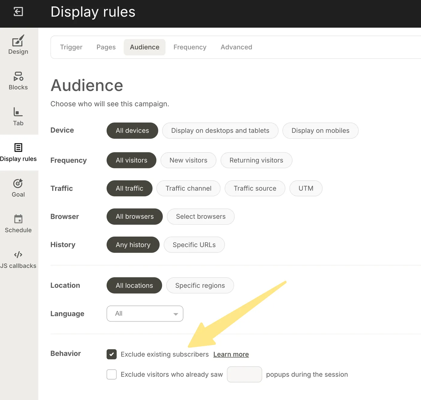 Display rules, Audience tab, with Exclude existing subscribers checked