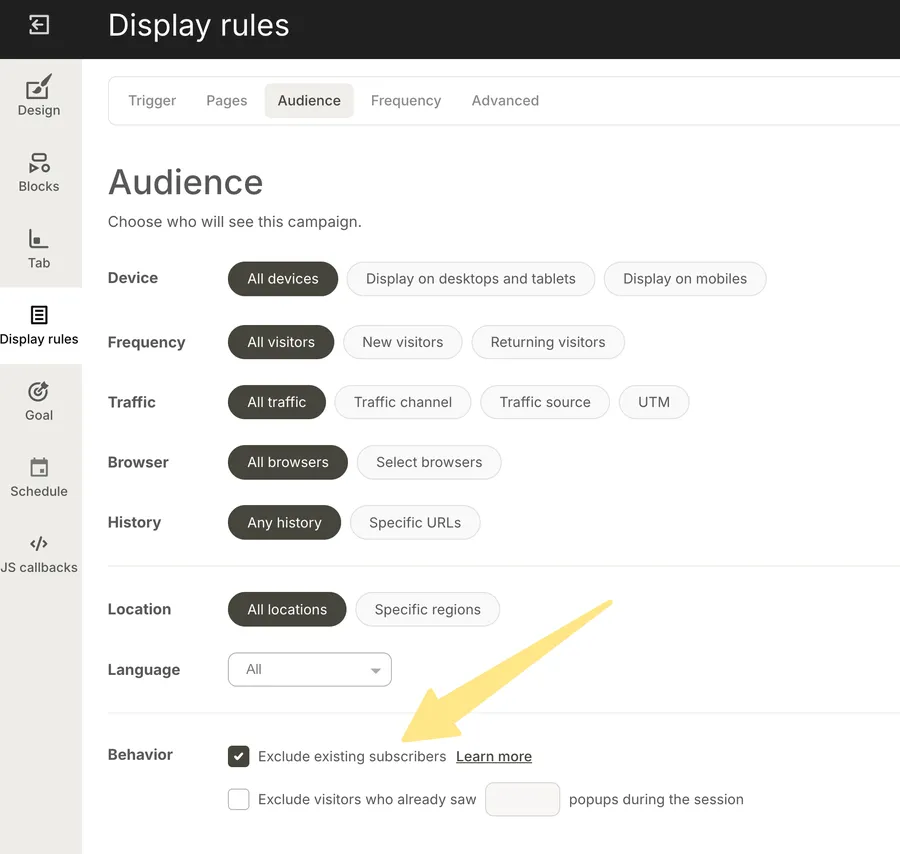 Display rules, Audience tab, with Exclude existing subscribers checked