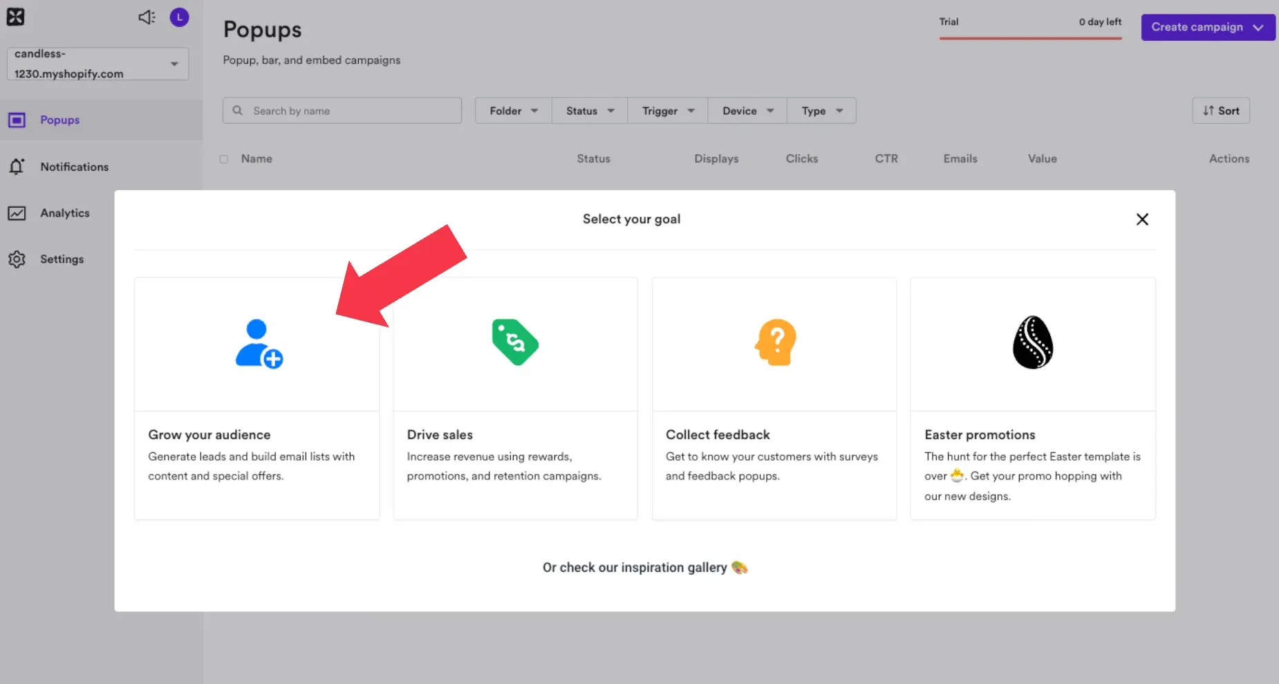how to choose a goal for popup forms