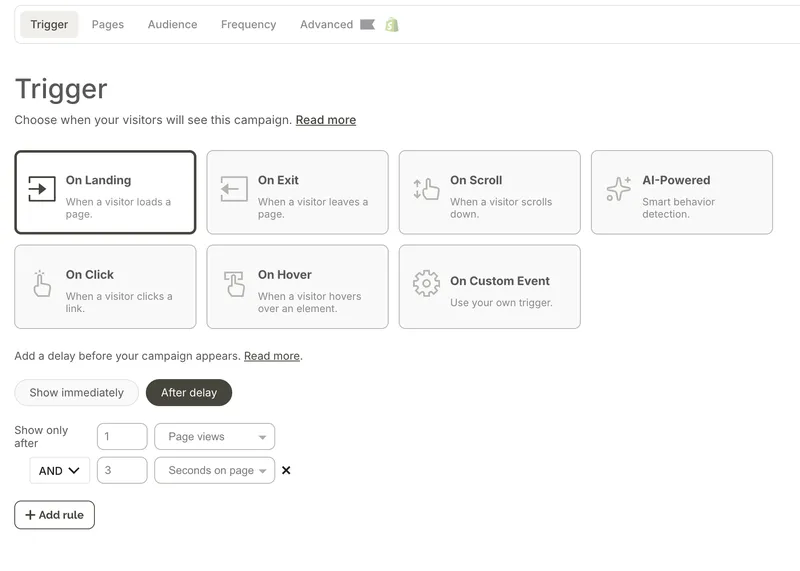 Wisepops campaign trigger and targeting rules