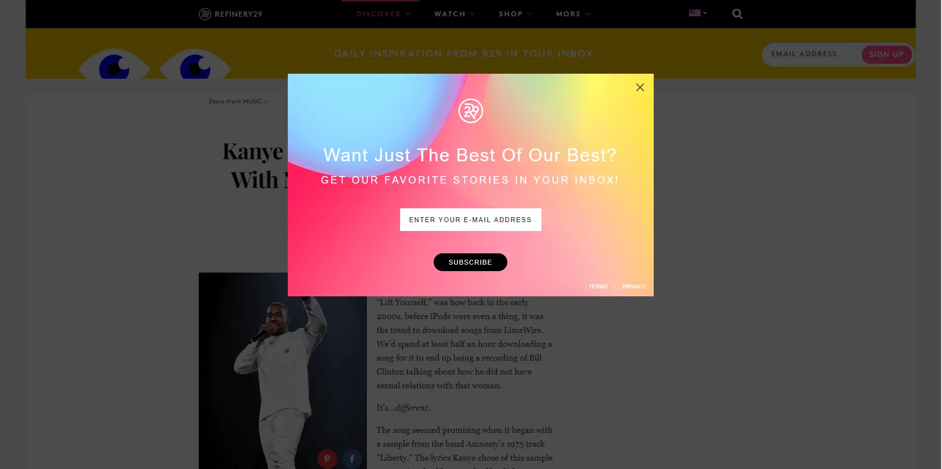 A popup on refinery29 asking visitors if they want to receive the best from their best