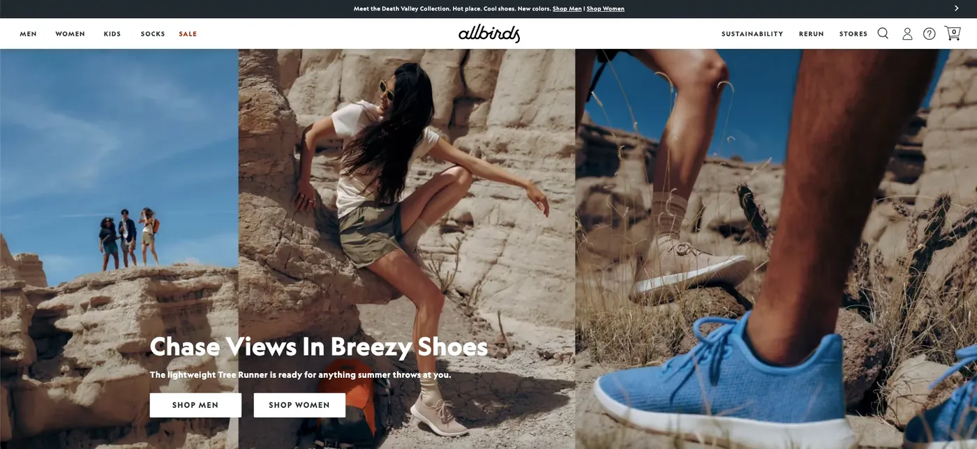 Allbirds homepage splitting visitors into Shop men and Shop women