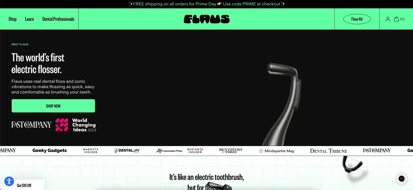 Flaus homepage leading with its value proposition and press mentions