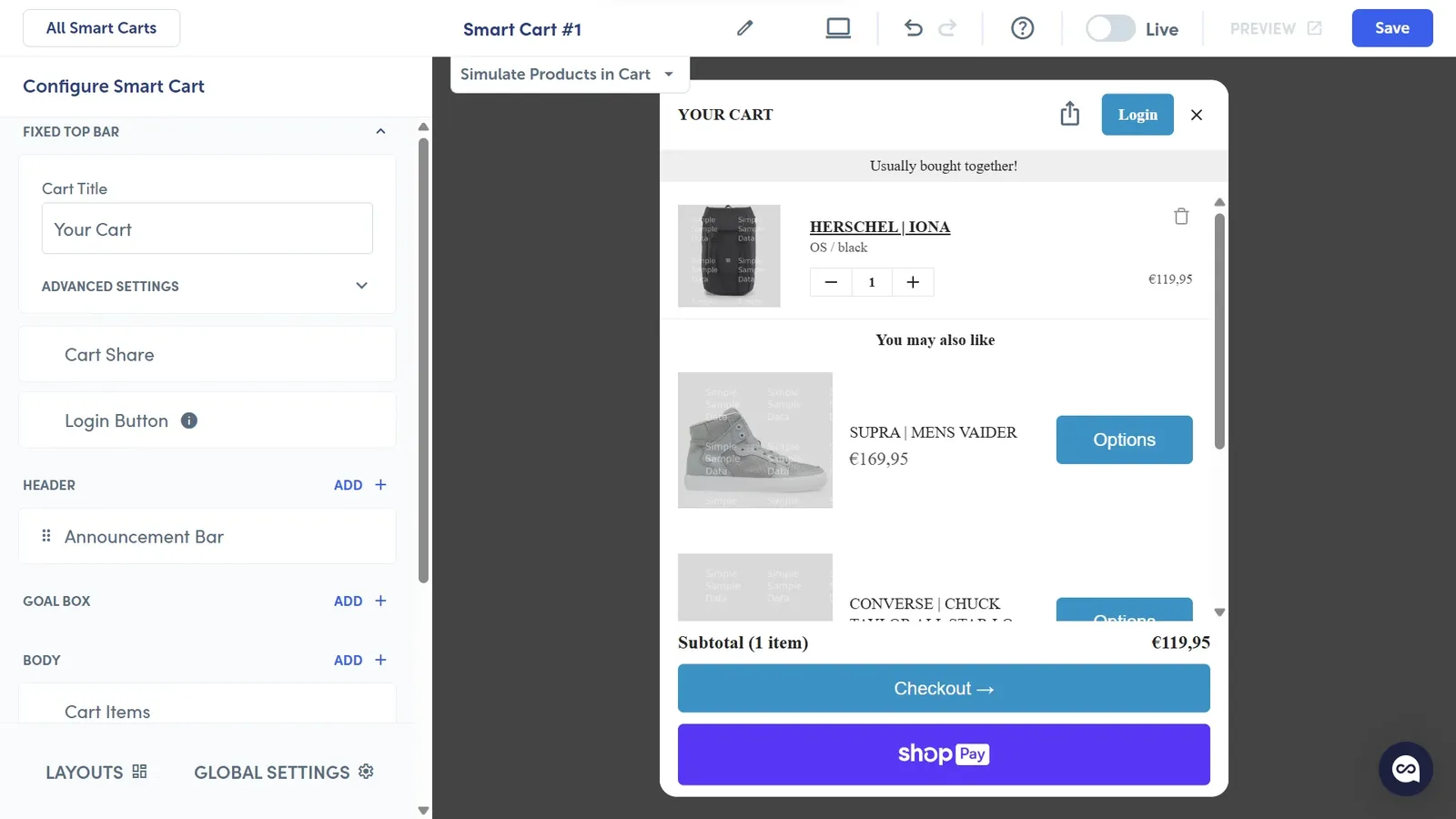 Rebuy Smart Cart double column layout with a separate recommendations column