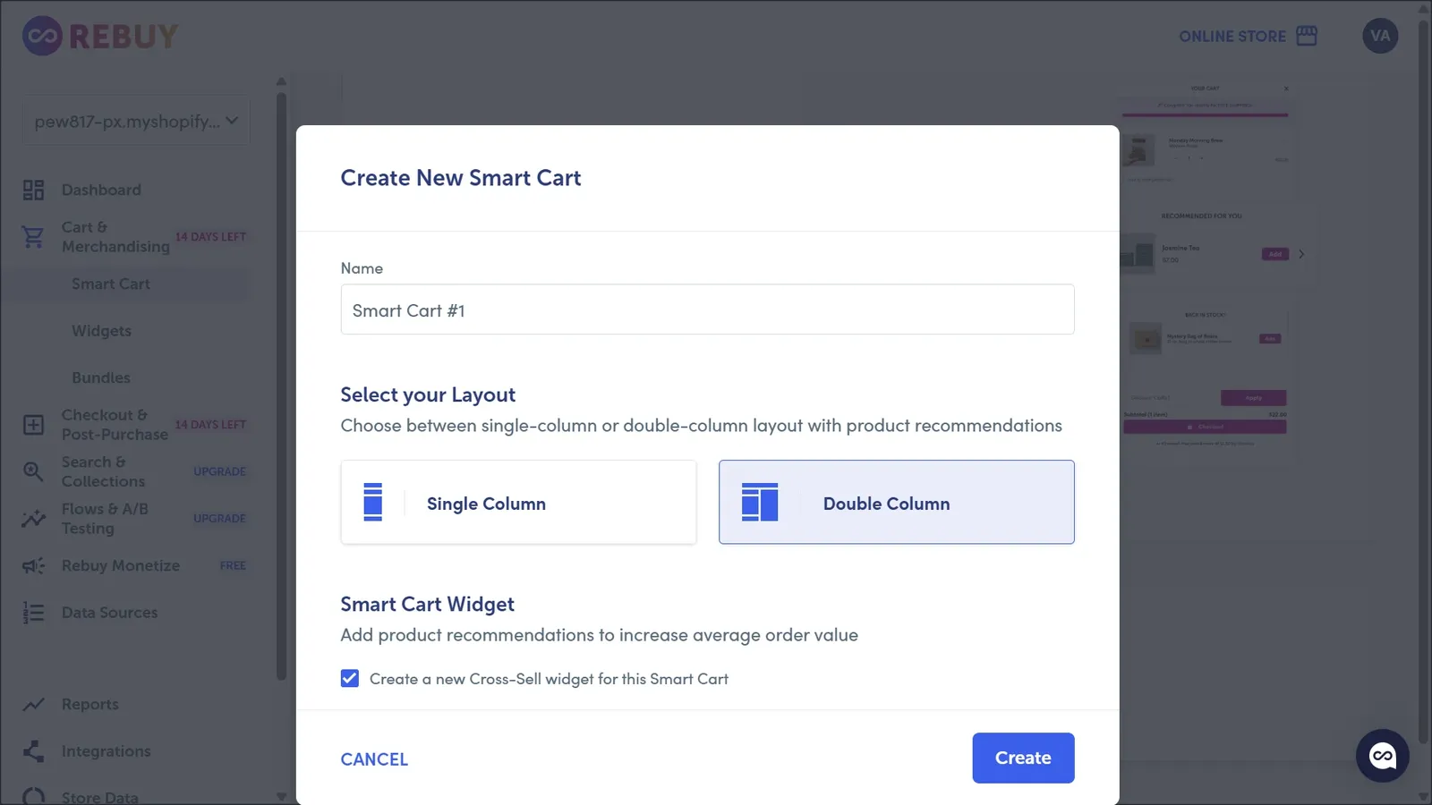 Rebuy Smart Cart slide-out drawer with product recommendations
