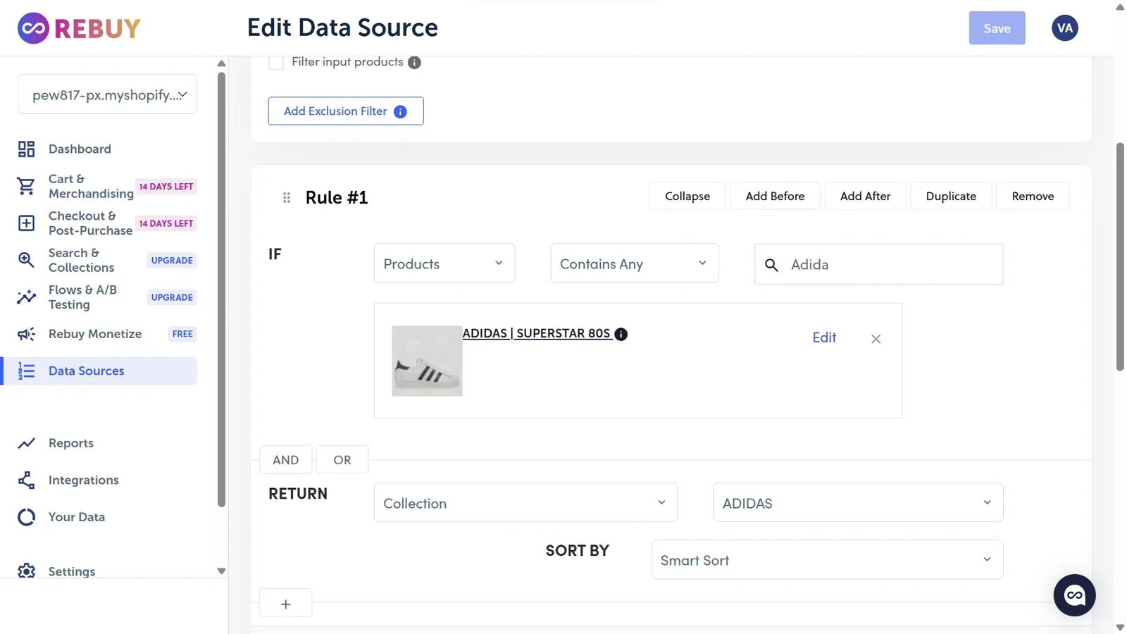 Rebuy data source editor showing an IF and RETURN rule with Smart Sort