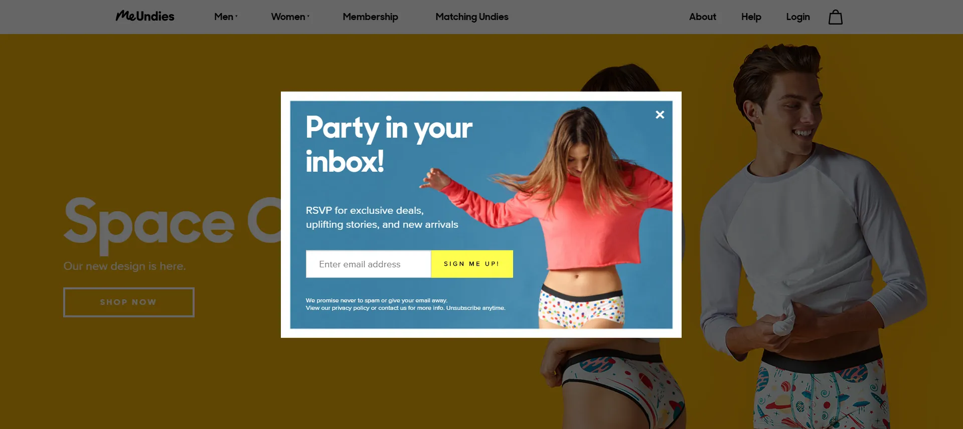 A branded popup on MeUndies